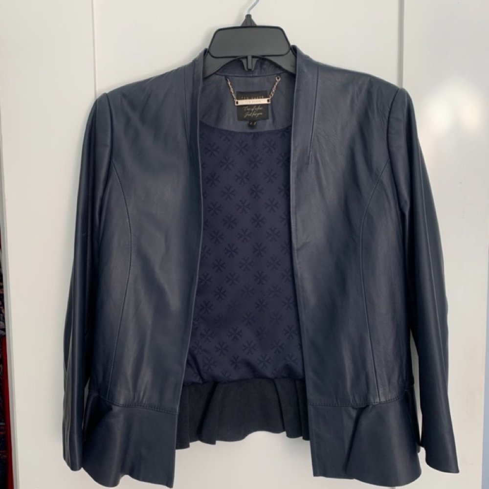 Ted Baker London Febbe Navy Leather Jacket, Size 2 (Fits like 4-6)